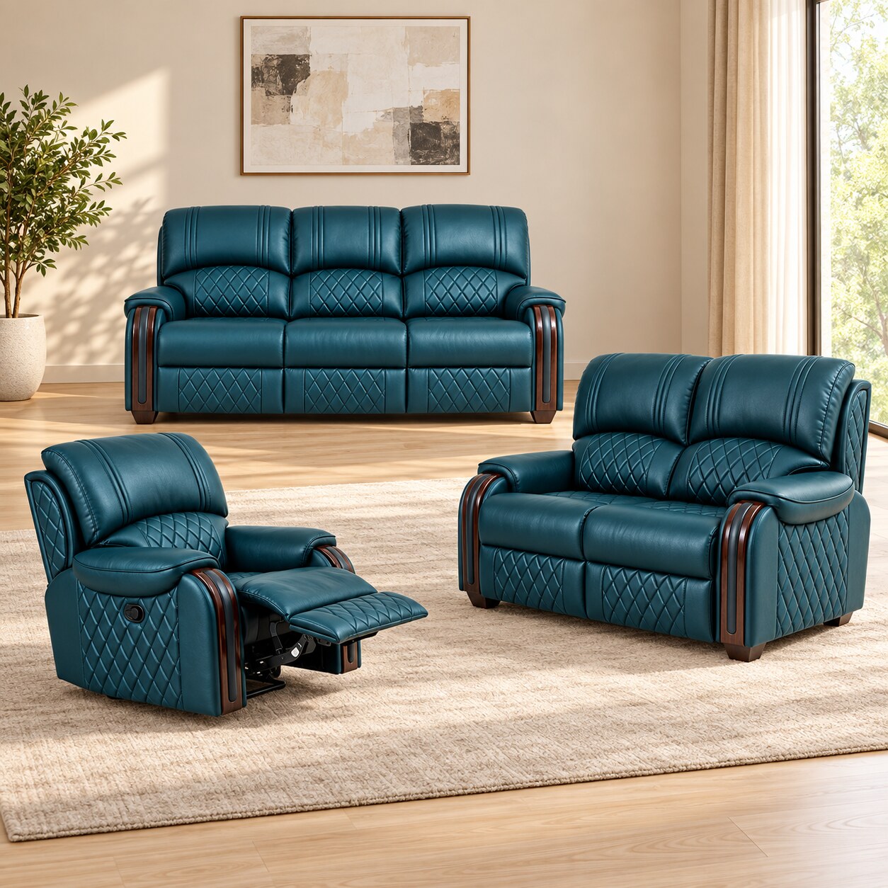 Set sofa recliner Koenig Tezos 3-2-1 warna teal dengan satu kursi recliner