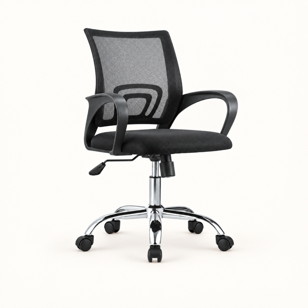 Kursi kantor 4005 mesh hitam dengan sandaran tangan dan kaki chrome beroda