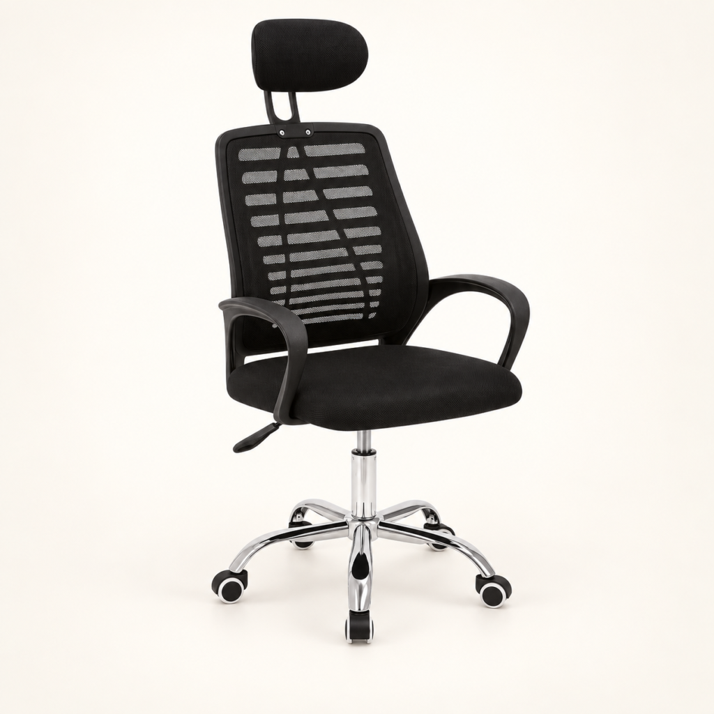 Kursi kantor D802 hitam dengan headrest dan kaki chrome beroda