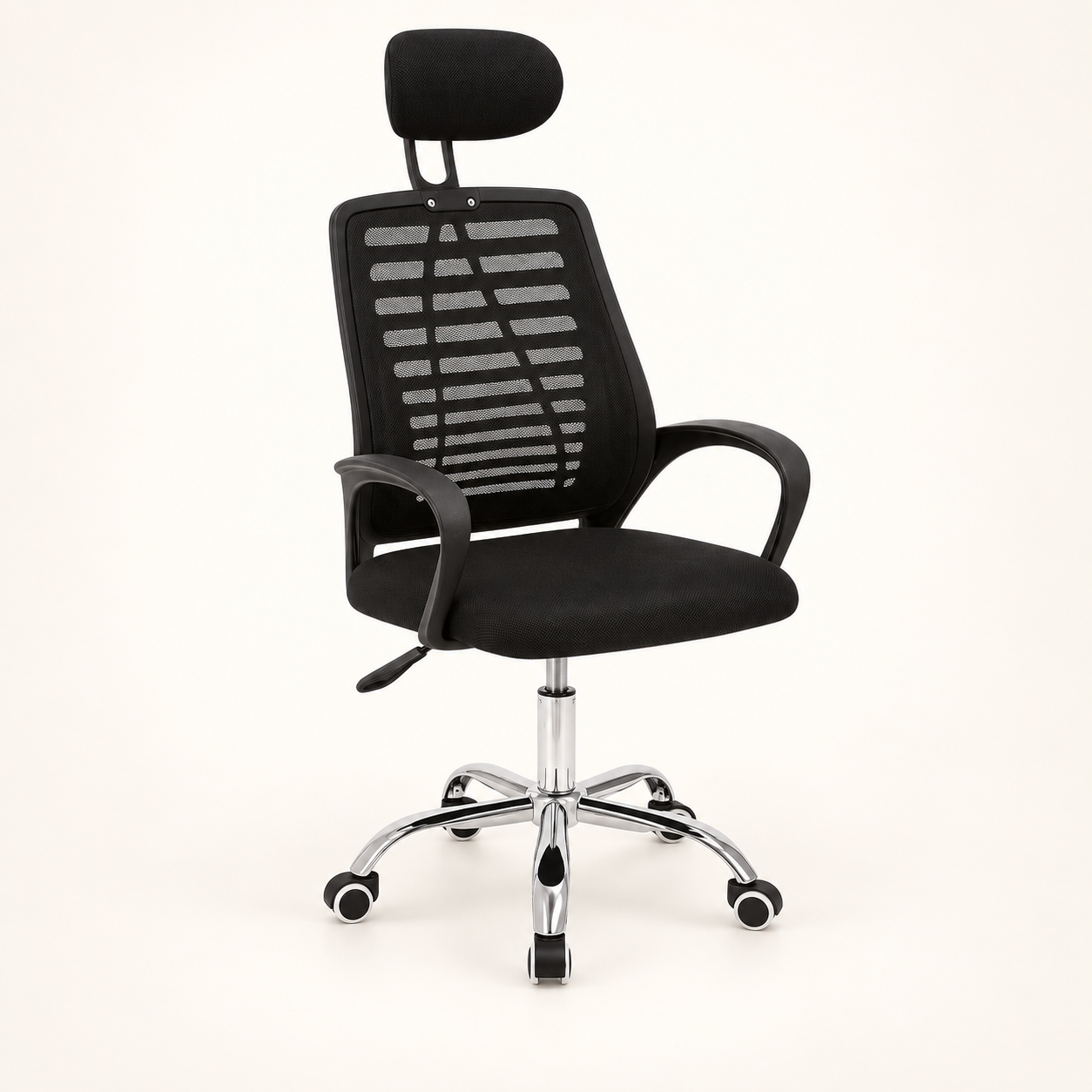 Kursi kantor D802 hitam dengan headrest dan kaki chrome beroda