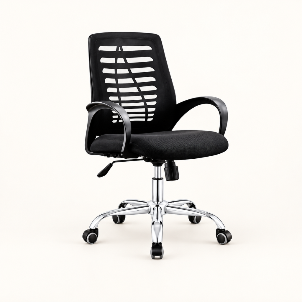 Kursi kantor KK4006 hitam dengan sandaran horizontal dan kaki chrome beroda