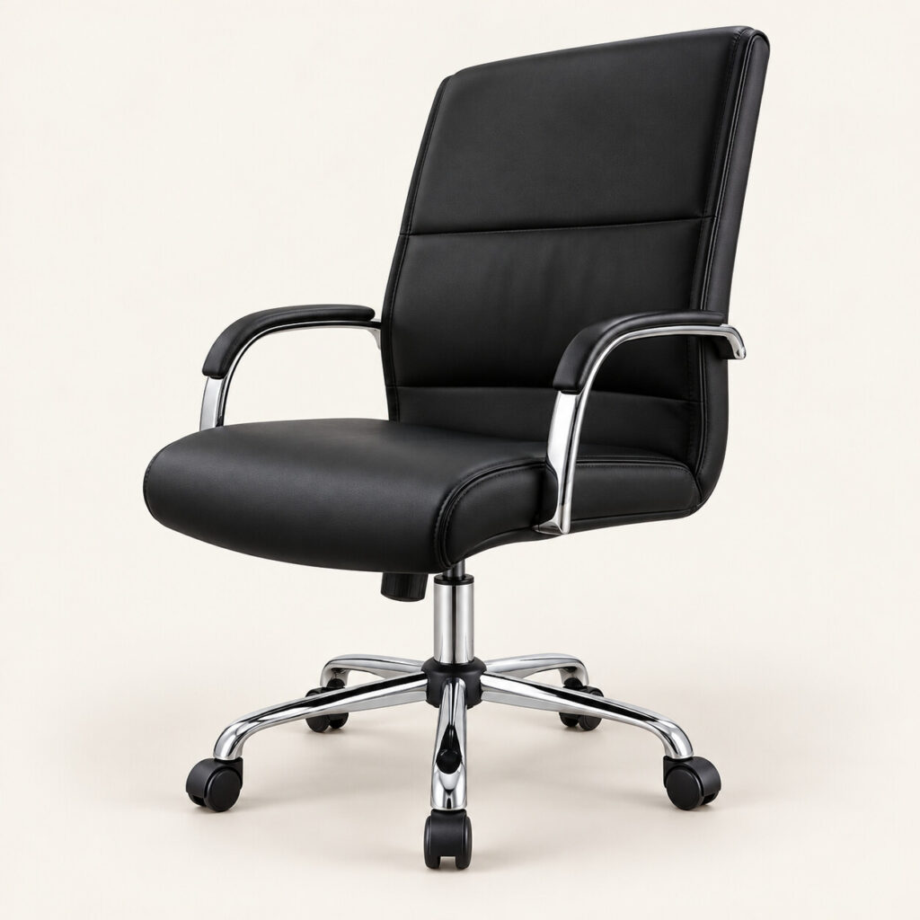 Kursi direktur KOENIG D-011 hitam dengan sandaran berbantalan, armrest dan kaki krom beroda