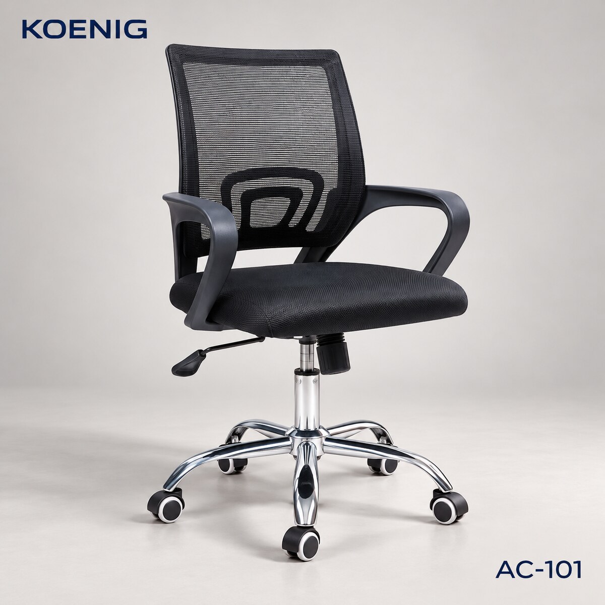Kursi kantor staff jaring KOENIG AC-101 hitam dengan armrest dan kaki krom beroda