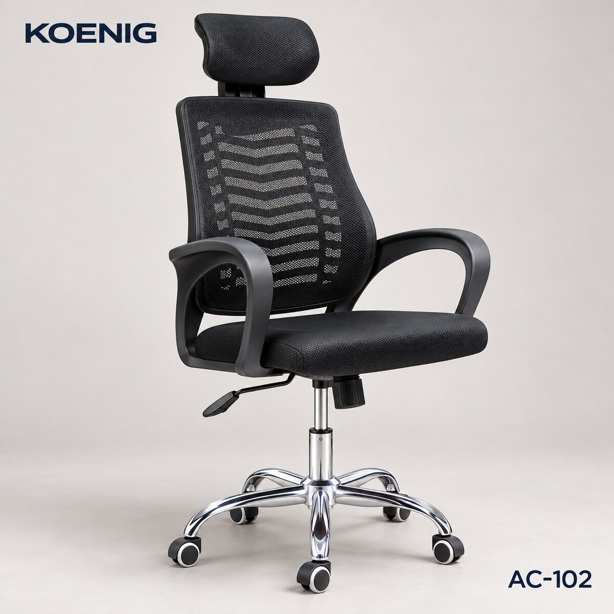 Kursi kantor jaring KOENIG AC-102 hitam dengan headrest, armrest dan kaki krom beroda
