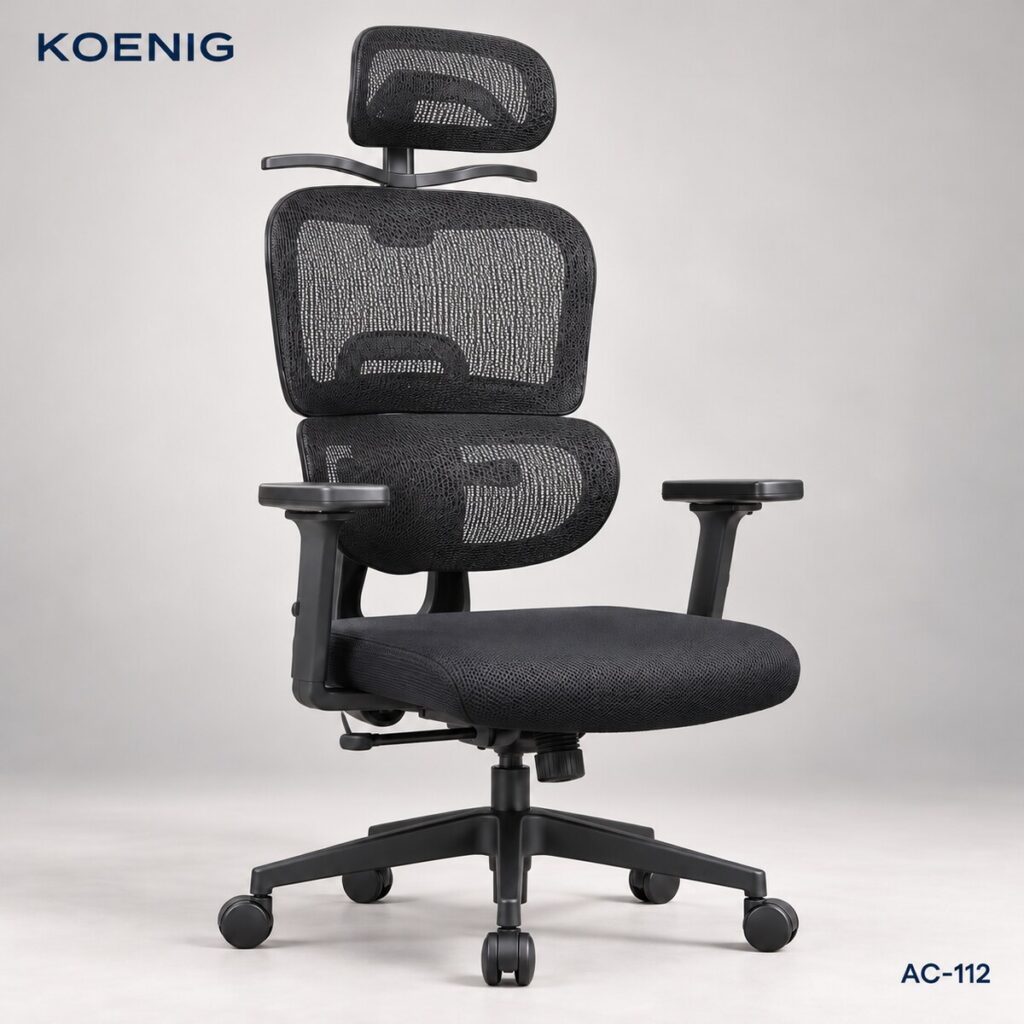 Kursi kantor jaring KOENIG AC-112 hitam dengan headrest, penopang pinggang dan kaki beroda