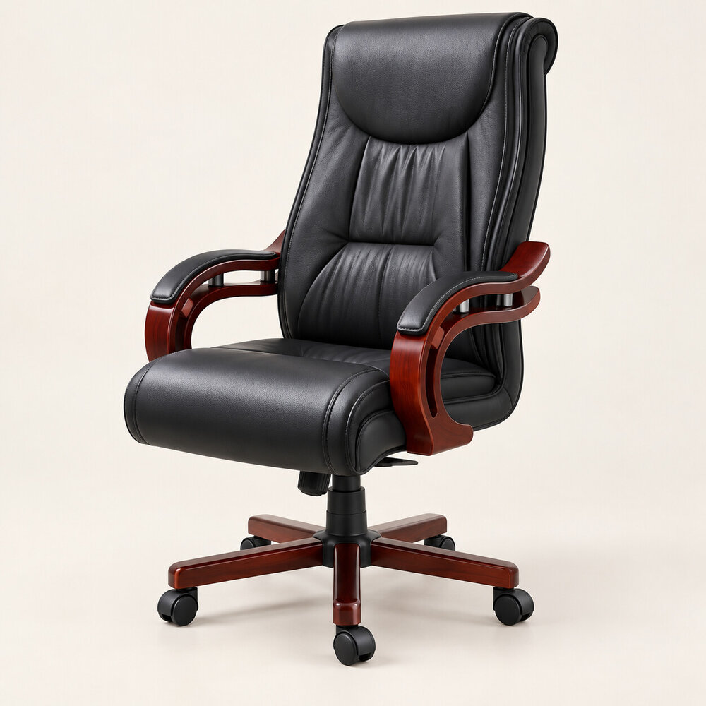 Kursi Direktur KOENIG KD-204 Hitam Aksen Cokelat dengan armrest dan kaki beroda