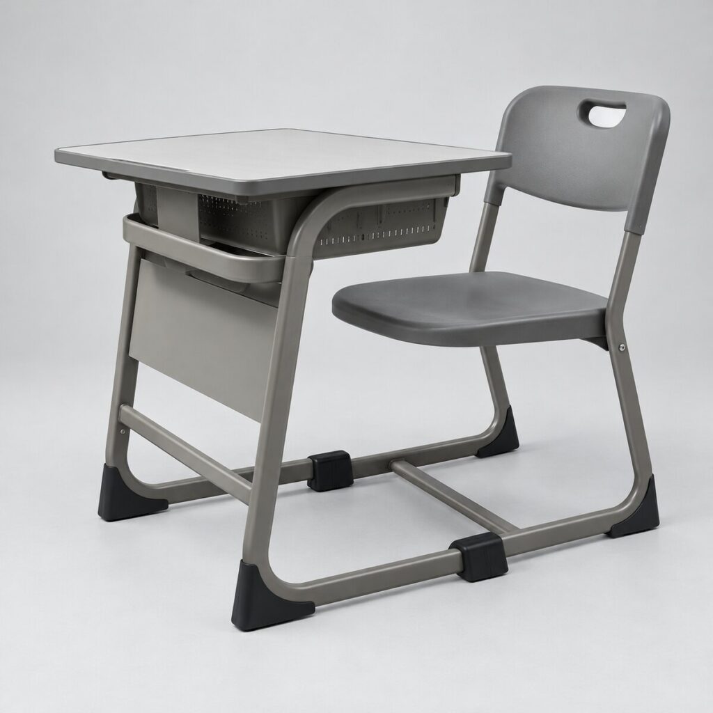 Set meja kursi siswa MB-008 Grey dengan laci plat besi berlubang