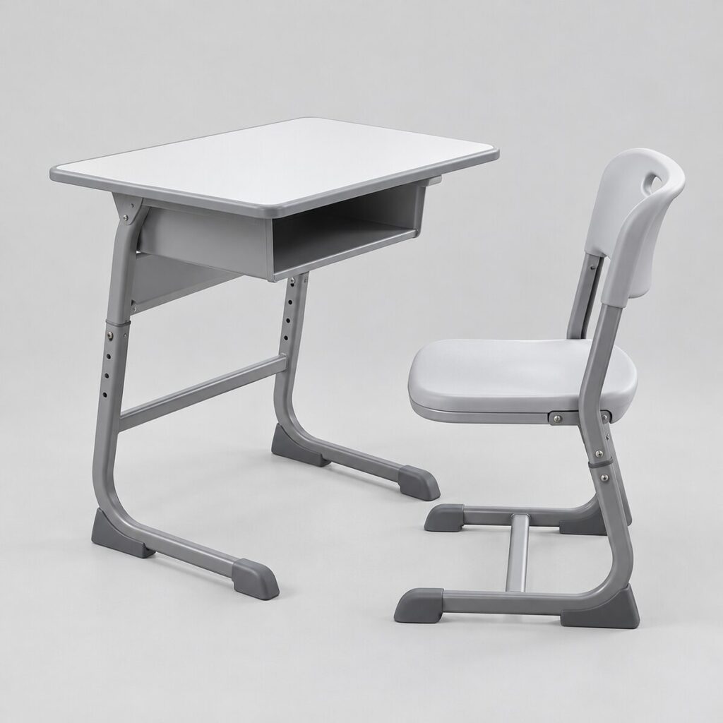 Set meja kursi siswa SHC-12 Grey adjustable dengan tinggi dapat diatur dan laci plat besi
