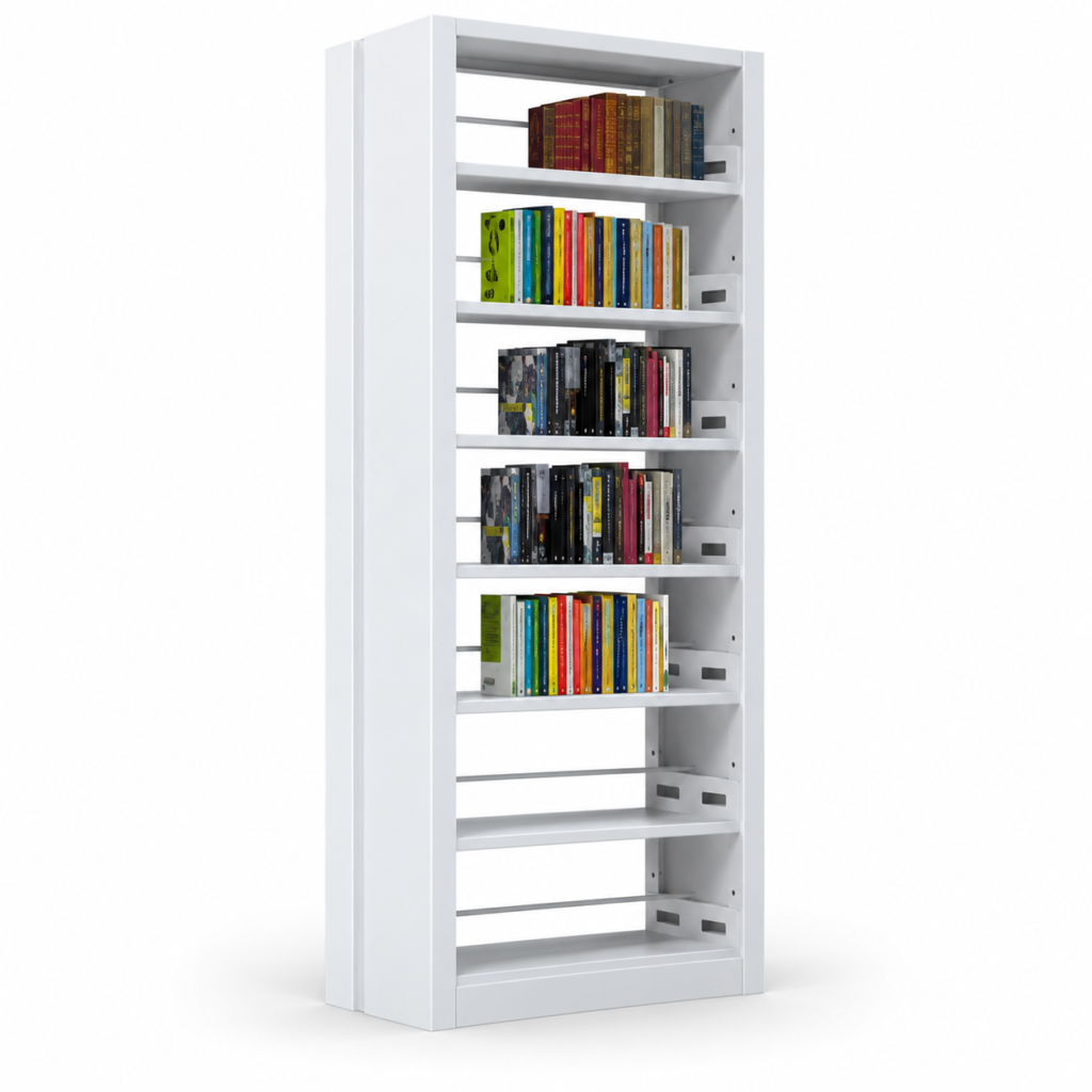 Rak buku perpustakaan Single PRB-002 warna putih dengan rak terbuka bertingkat